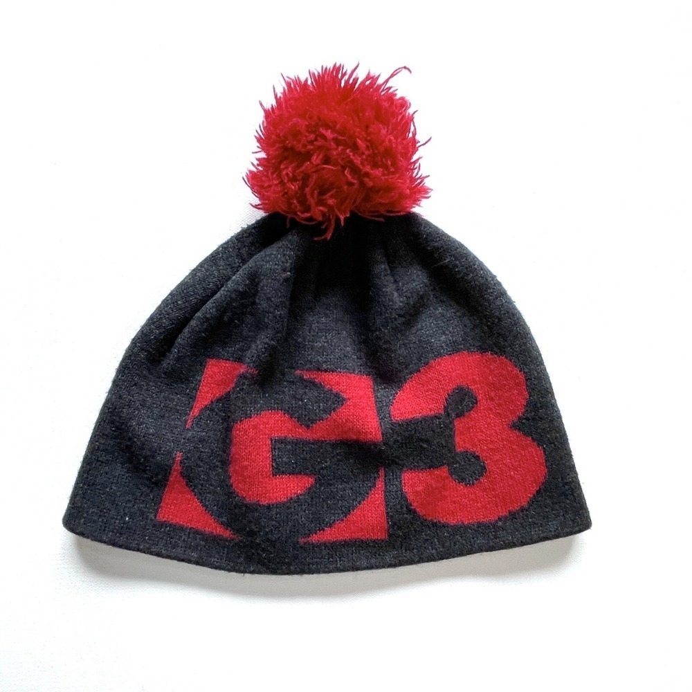 G3 Beanie Hat Men's Medium Gray Red Logo Pom Knit Cap Winter Ski Snowboard